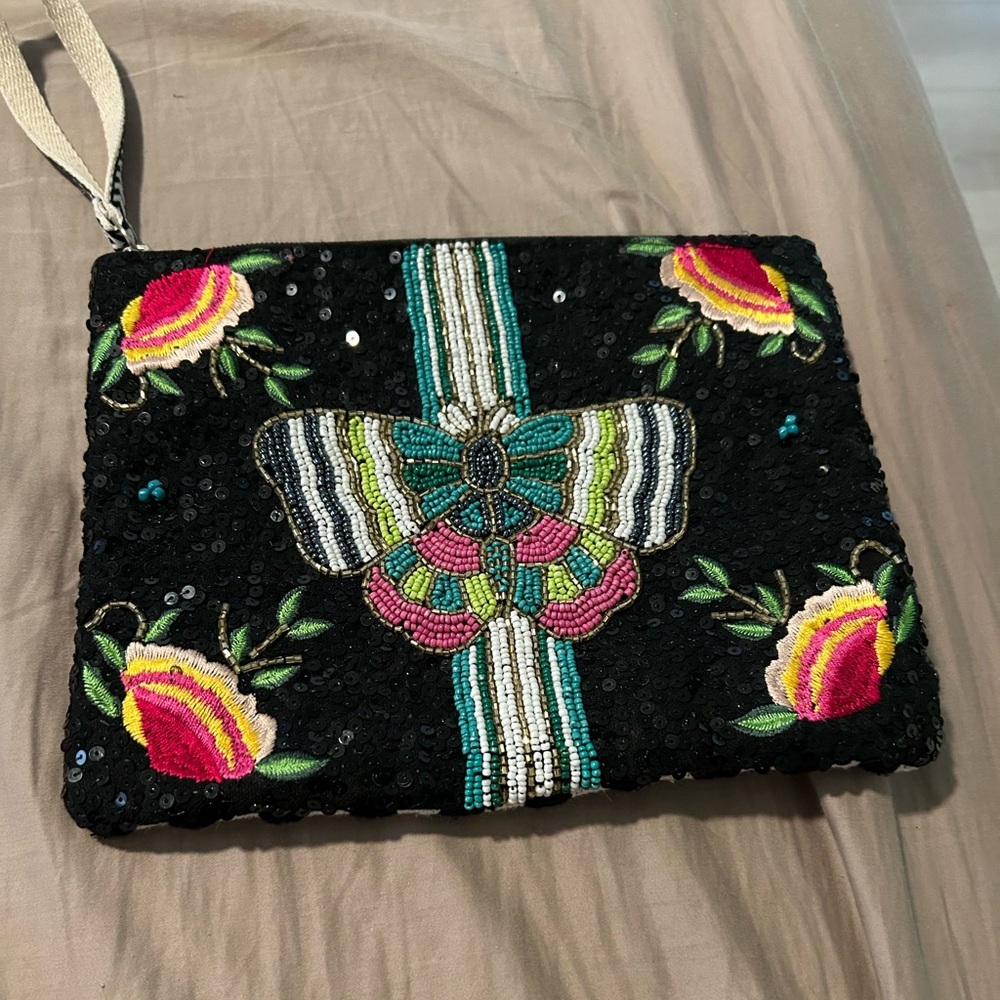 Colorful Embroidered Black Clutch